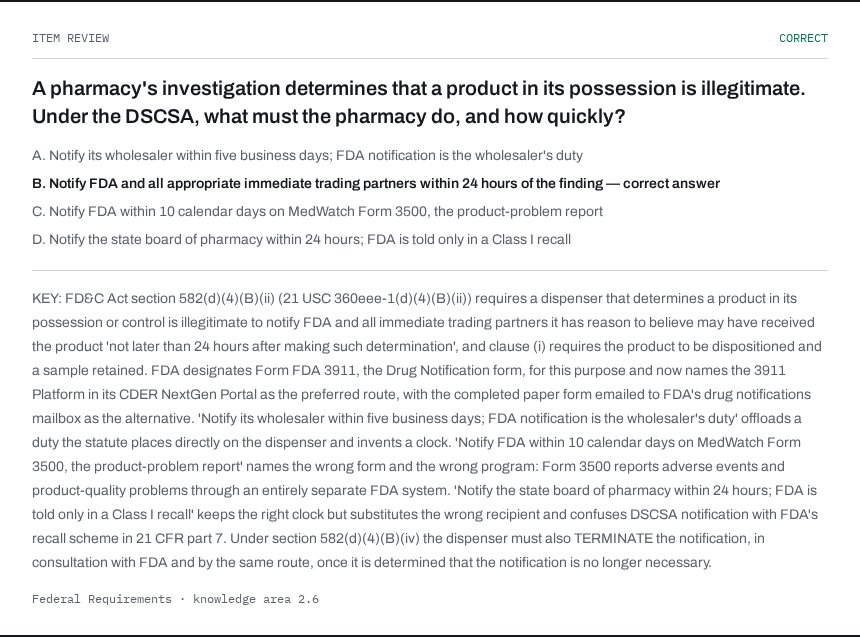 PTCESimulator review of a DSCSA item explaining the 24-hour FDA and trading-partner notification requirement after an illegitimate-product determination