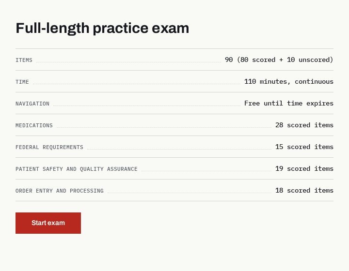 PTCESimulator start screen showing 90 items, 110 minutes, the four exact domain targets, and the Start exam button