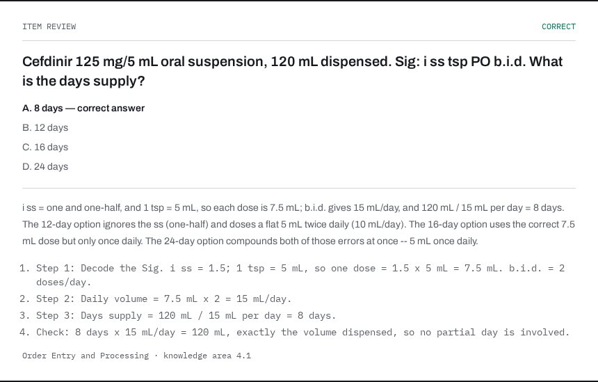 PTCESimulator item review showing a days-supply calculation with the full line-by-line working
